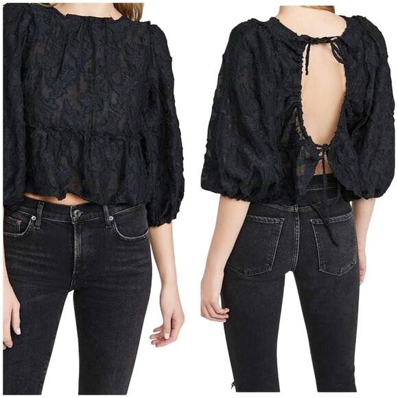 NEW Free People | Callie Puff Sleeve Flocked Open Tie Back Peplum Crop Top XS - Picture 12 of 12